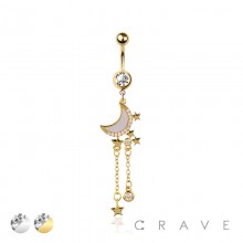 316L SURGICAL STEEL OPAL MOON MULTI CZ CHAIN STAR DANGLE BELLY BUTTON NAVEL RING 